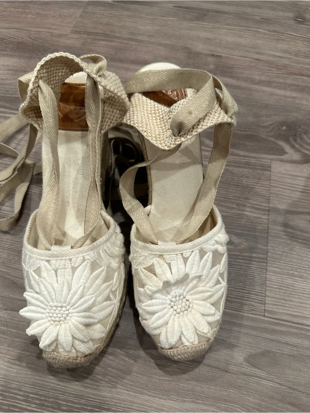 Tory Burch Cream Floral Embroidered Espadrille Wedge Ankle Tie Sandals